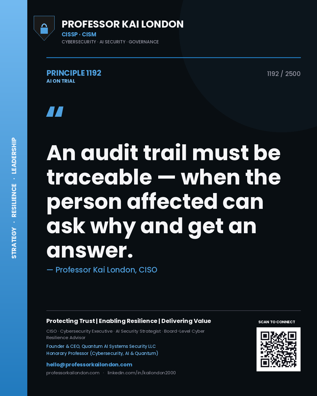 Quote card by Professor Kai London reading 'An audit trail must be traceable — when the person affected can ask why and get an answer.'. From the book AI on Trial.