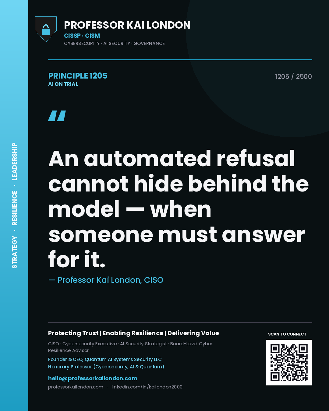 Quote card by Professor Kai London reading 'An automated refusal cannot hide behind the model — when someone must answer for it.'. From the book AI on Trial.