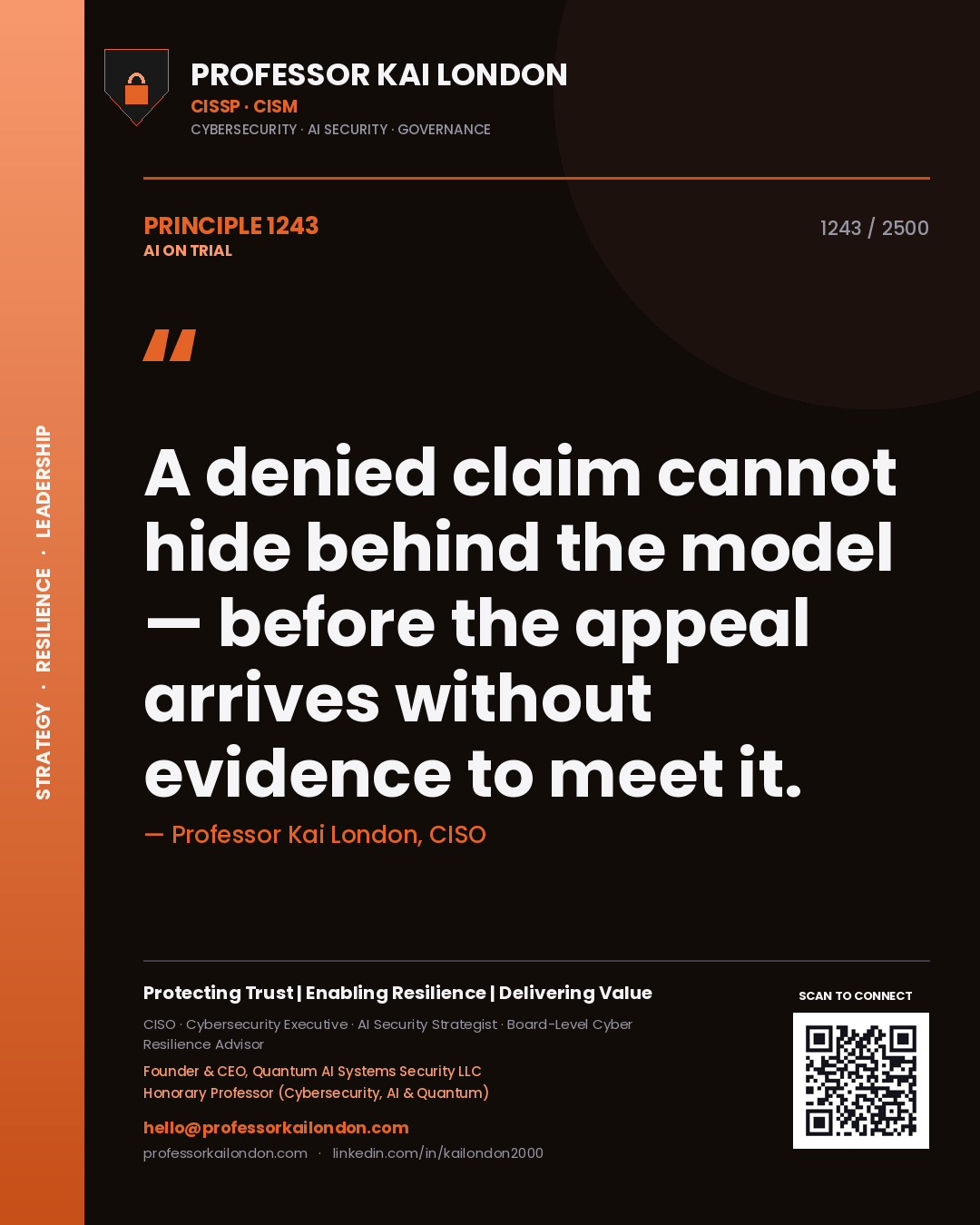 Quote card by Professor Kai London reading 'A denied claim cannot hide behind the model — before the appeal arrives without evidence to meet it.'. From the book AI on Trial.