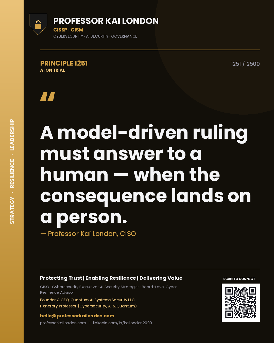 Quote card by Professor Kai London reading 'A model-driven ruling must answer to a human — when the consequence lands on a person.'. From the book AI on Trial.