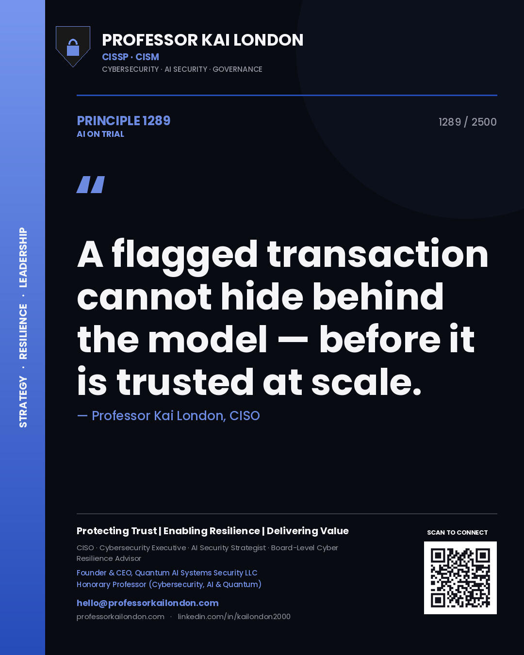 Professor Kai London principle 1289: A flagged transaction cannot hide behind the model — before it is trusted at scale.