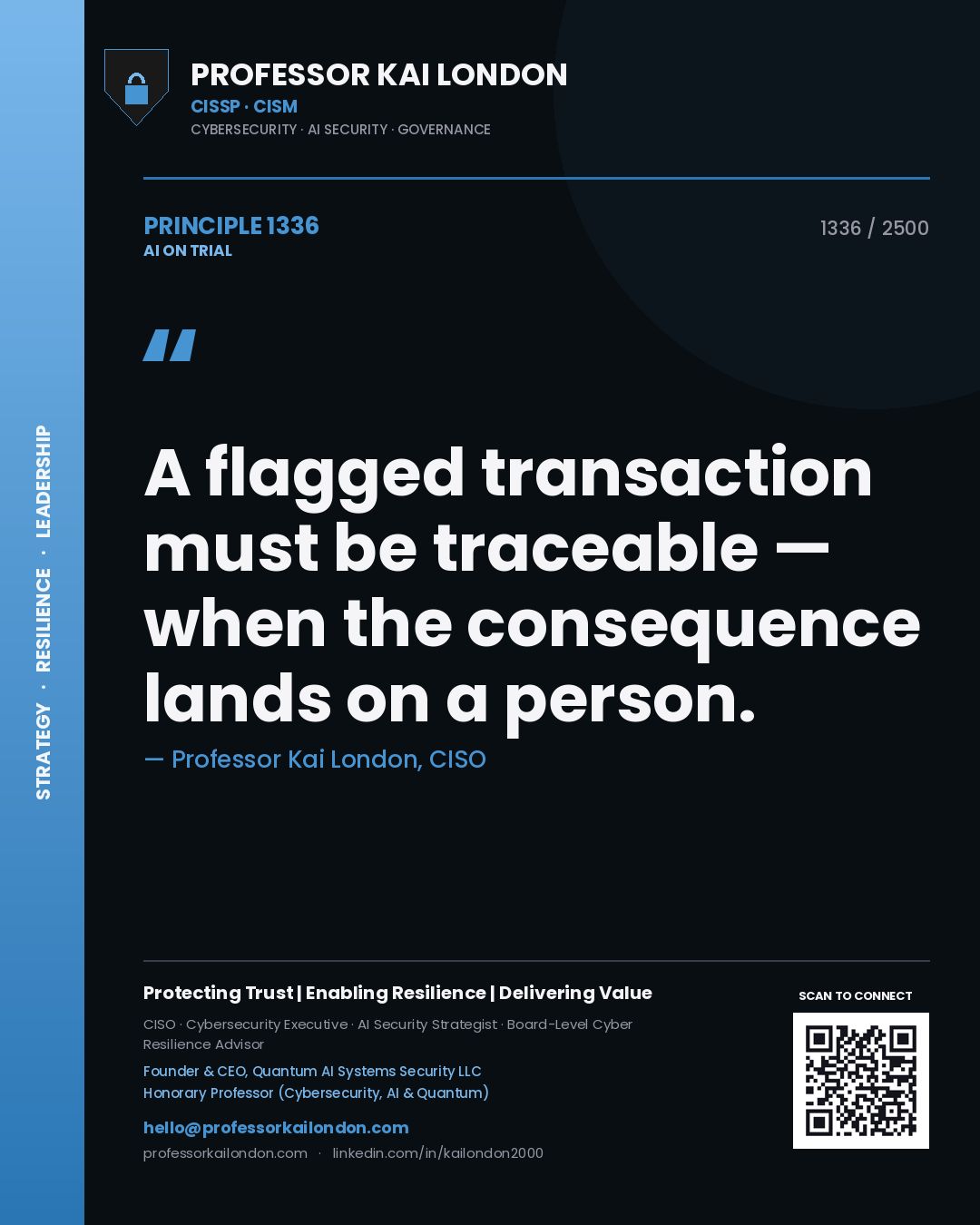 Quote card by Professor Kai London reading 'A flagged transaction must be traceable — when the consequence lands on a person.'. From the book AI on Trial.