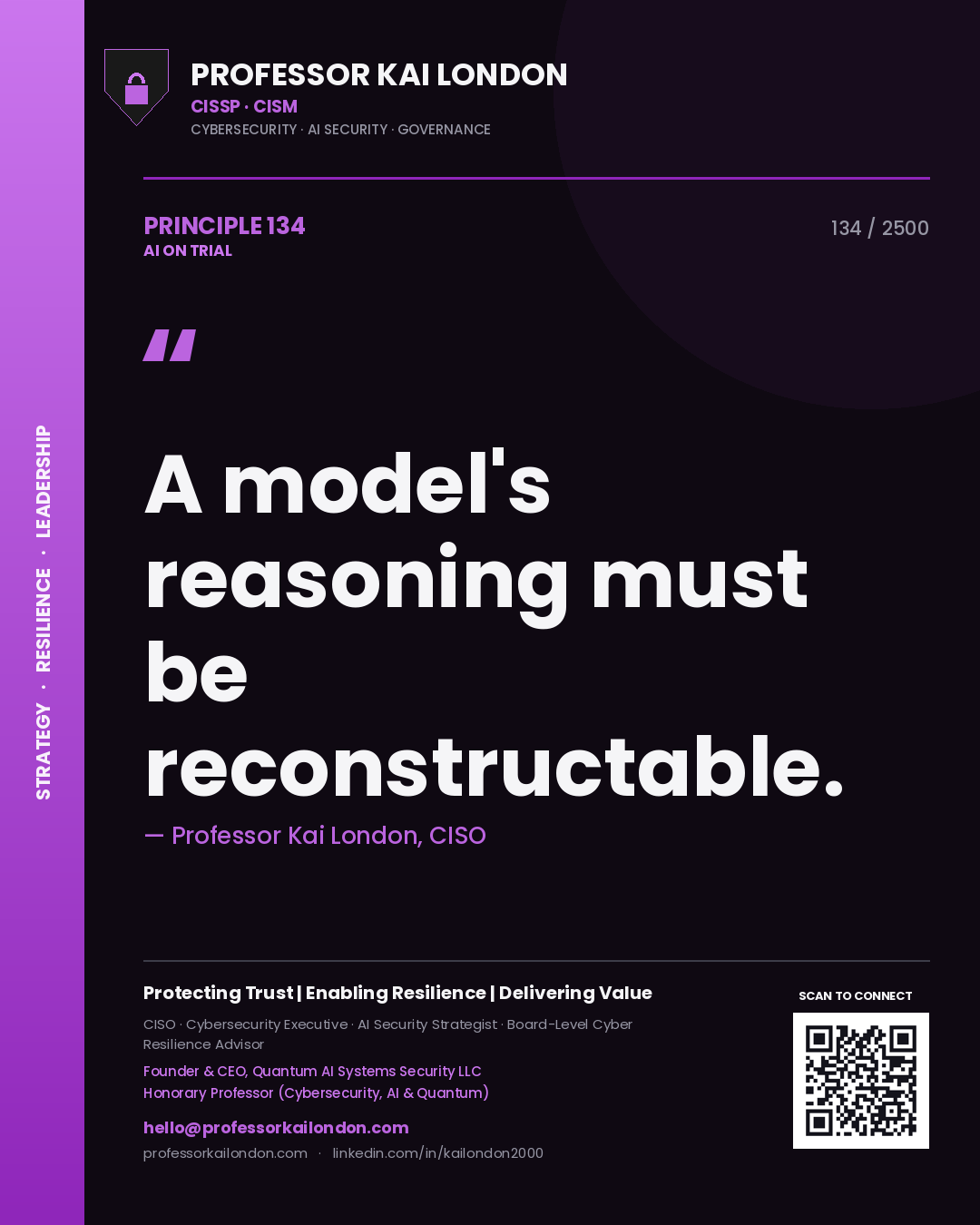 Quote card by Professor Kai London reading 'A model's reasoning must be reconstructable.'. From the book AI on Trial.