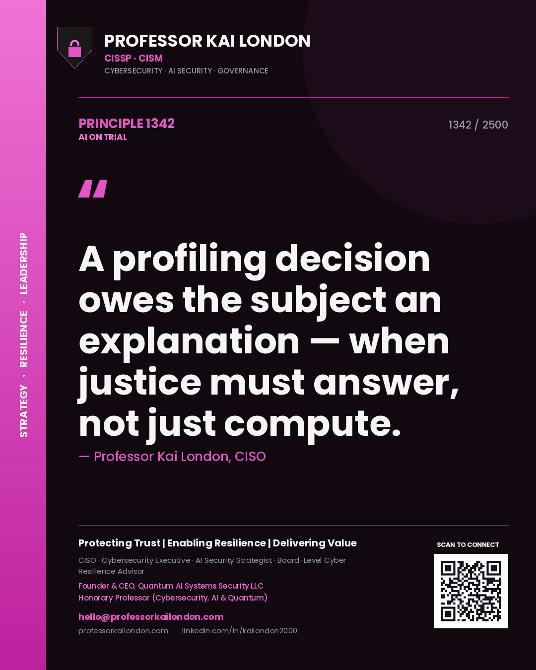 Quote card by Professor Kai London reading 'A profiling decision owes the subject an explanation — when justice must answer, not just compute.'. From the book AI on Trial.