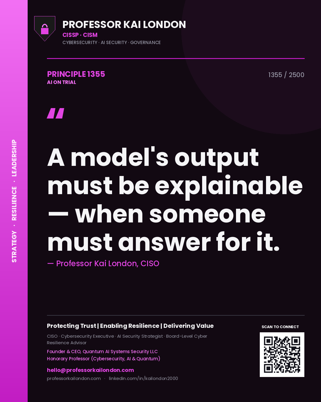 Quote card by Professor Kai London reading 'A model's output must be explainable — when someone must answer for it.'. From the book AI on Trial.