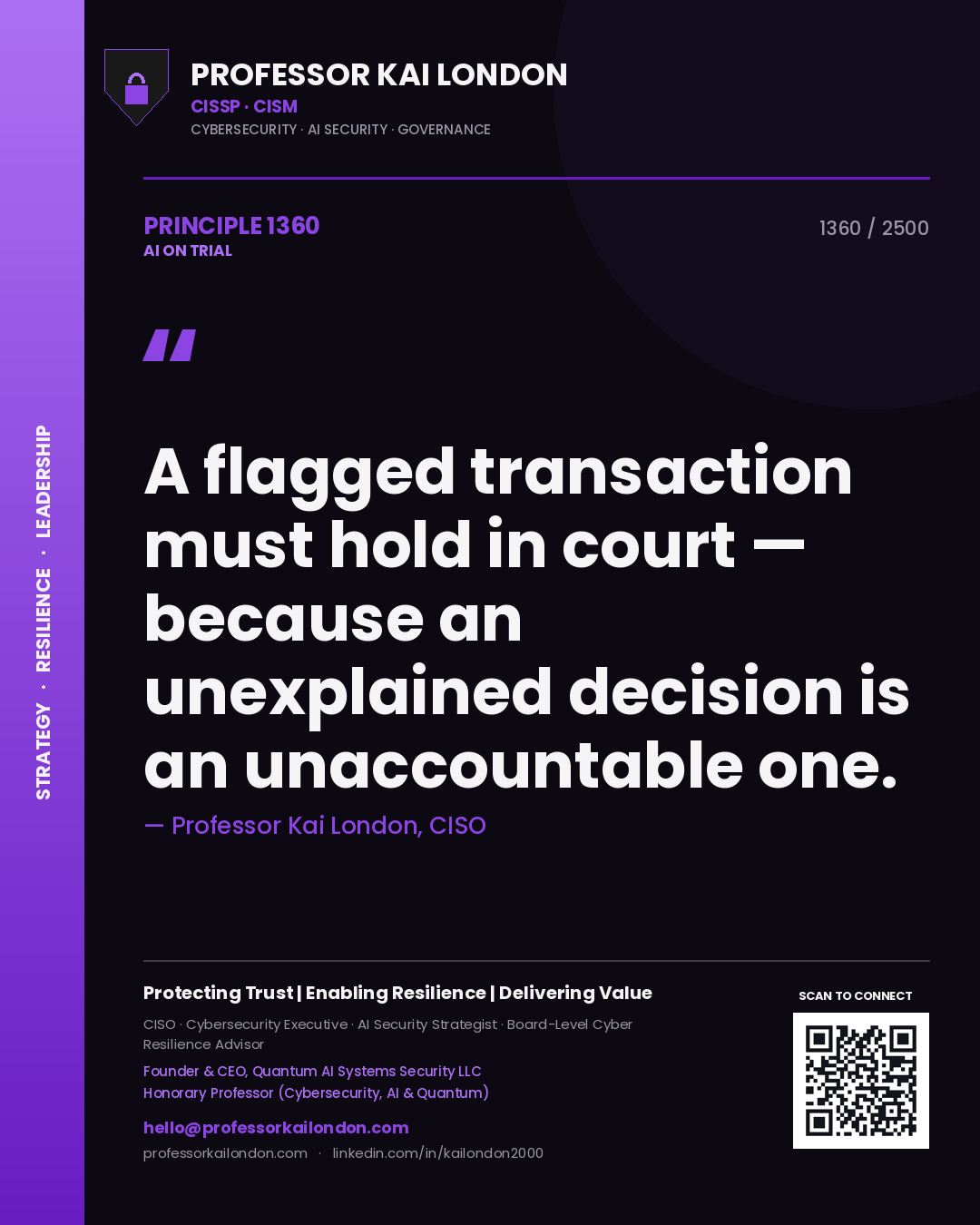 Professor Kai London principle 1360: A flagged transaction must hold in court — because an unexplained decision is an unaccountable one.