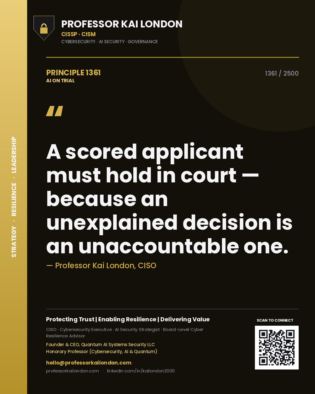 Professor Kai London principle 1361: A scored applicant must hold in court — because an unexplained decision is an unaccountable one.