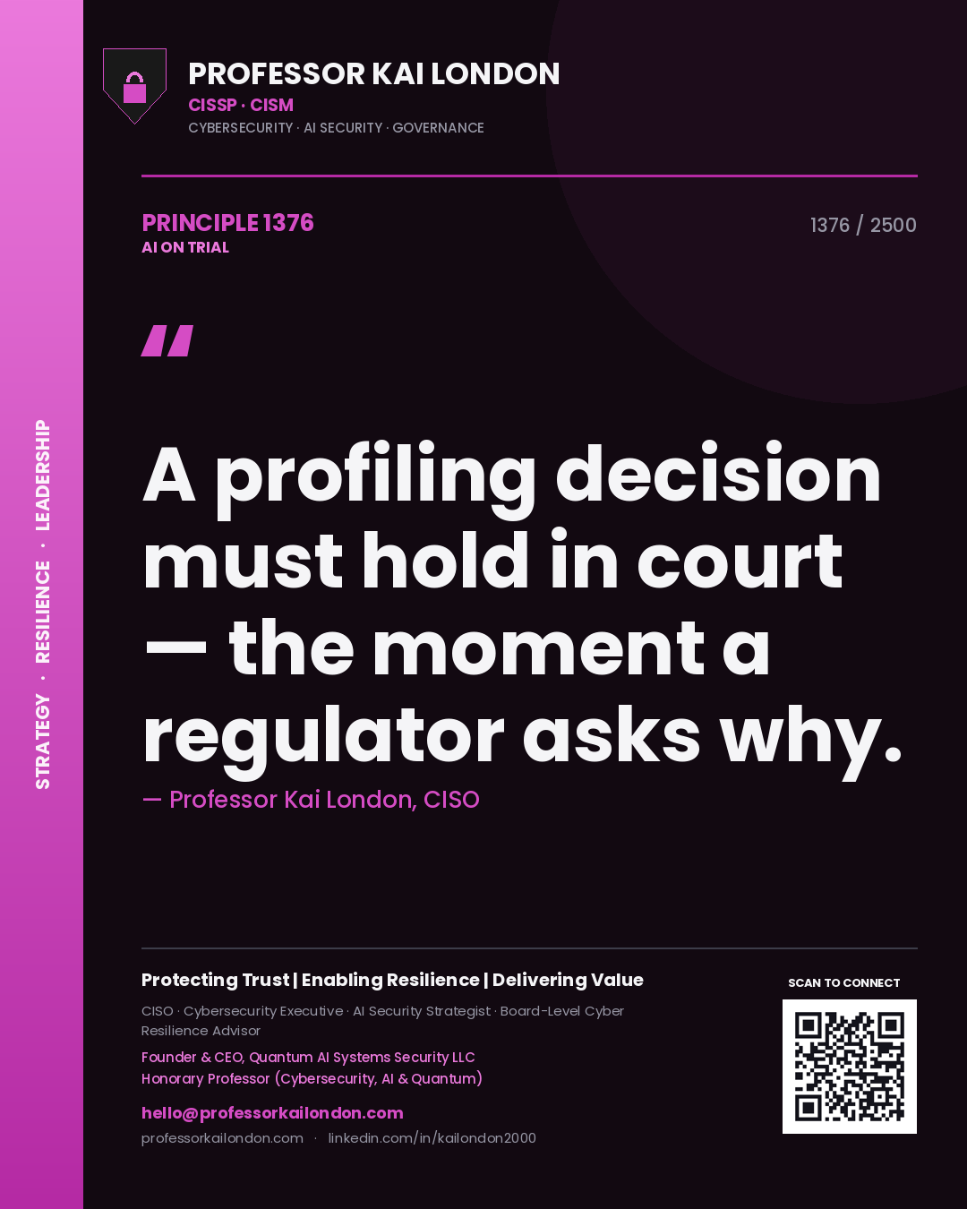 Professor Kai London principle 1376: A profiling decision must hold in court — the moment a regulator asks why.