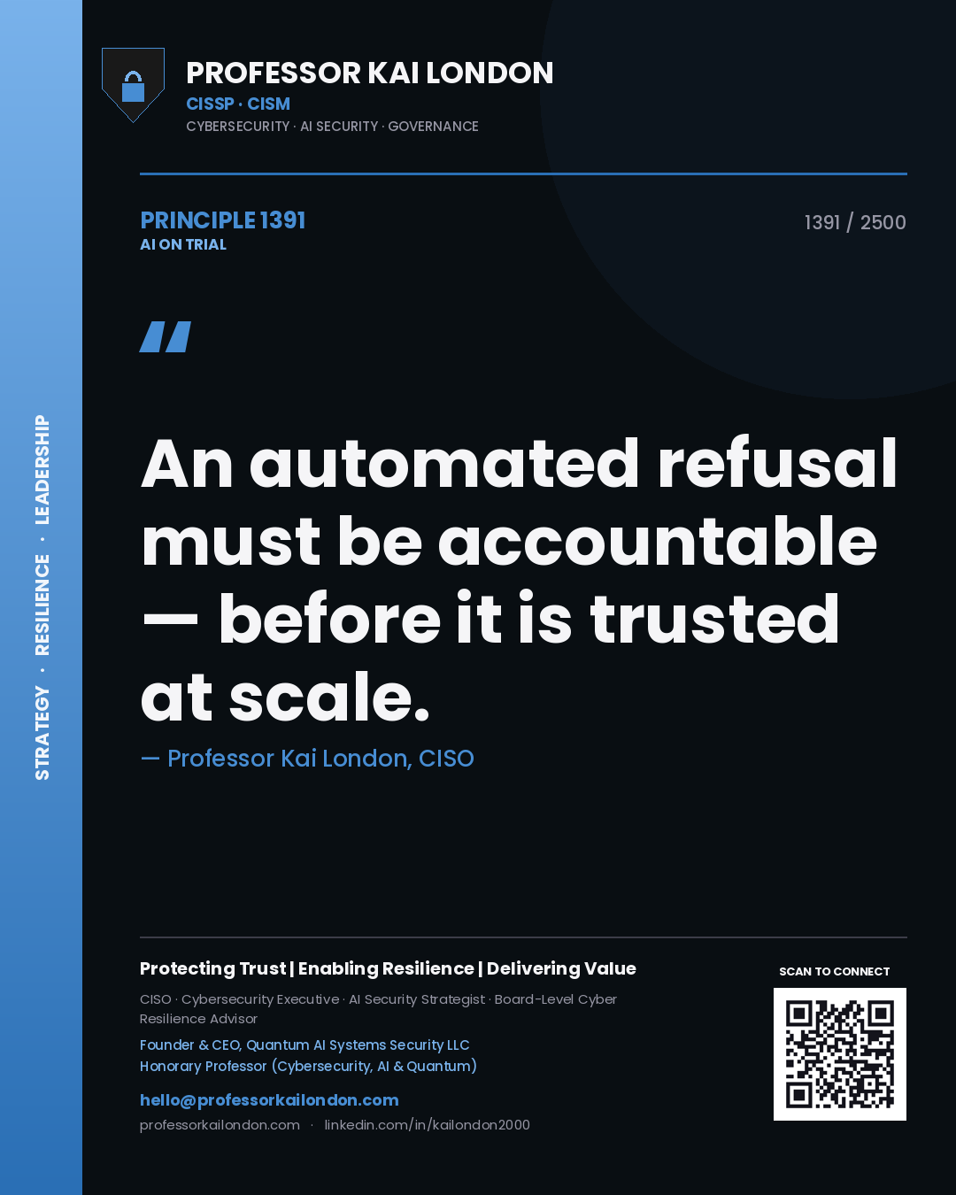 Professor Kai London principle 1391: An automated refusal must be accountable — before it is trusted at scale.