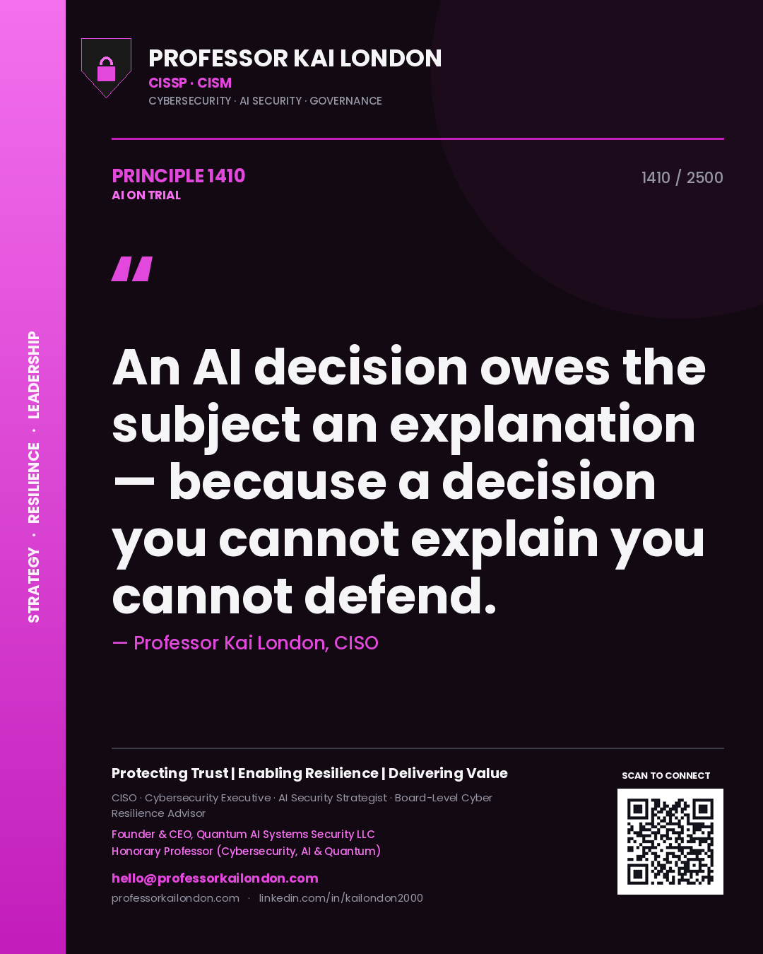 Professor Kai London principle 1410: An AI decision owes the subject an explanation — because a decision you cannot explain you cannot defend.