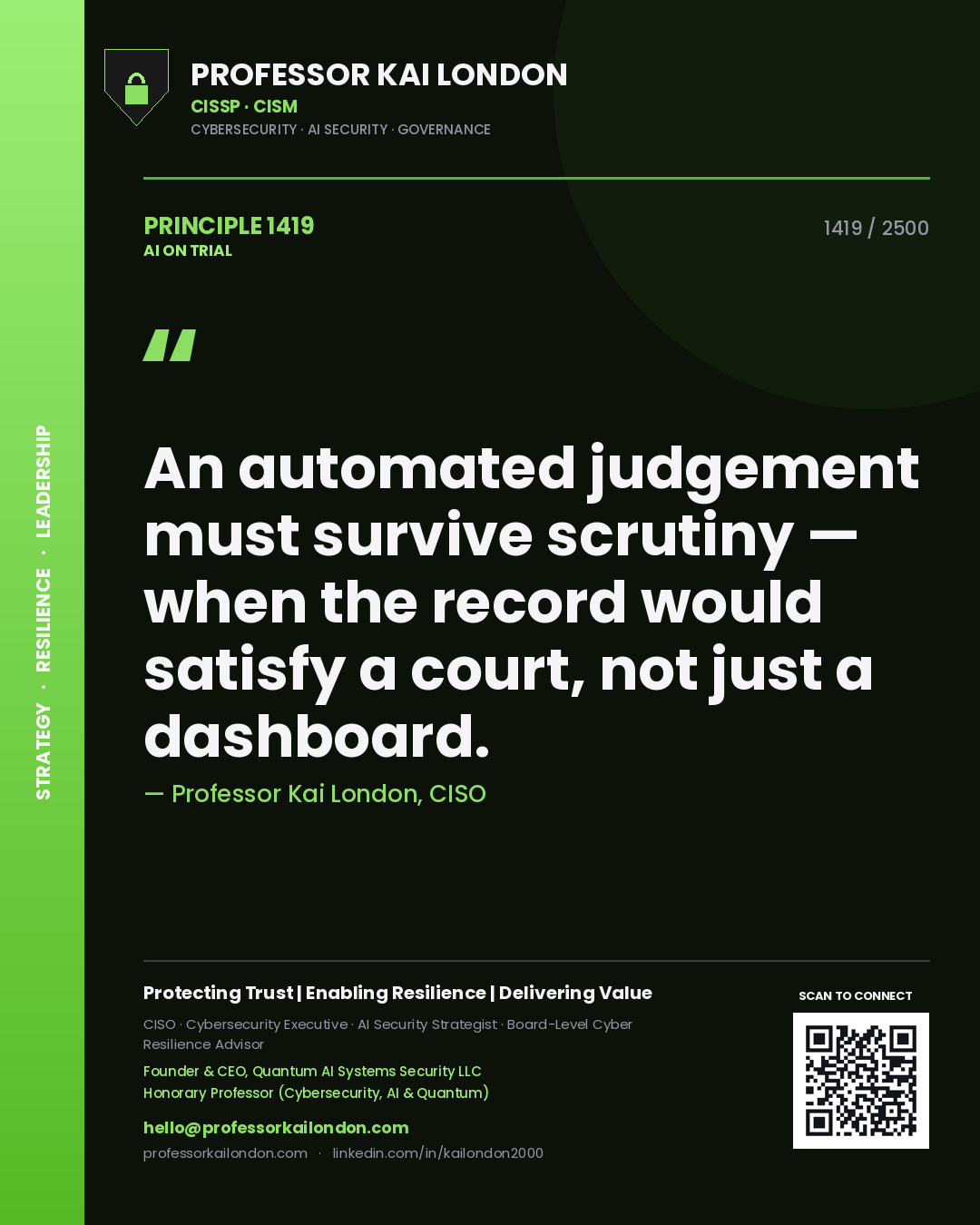 Professor Kai London principle 1419: An automated judgement must survive scrutiny — when the record would satisfy a court, not just a dashboard.