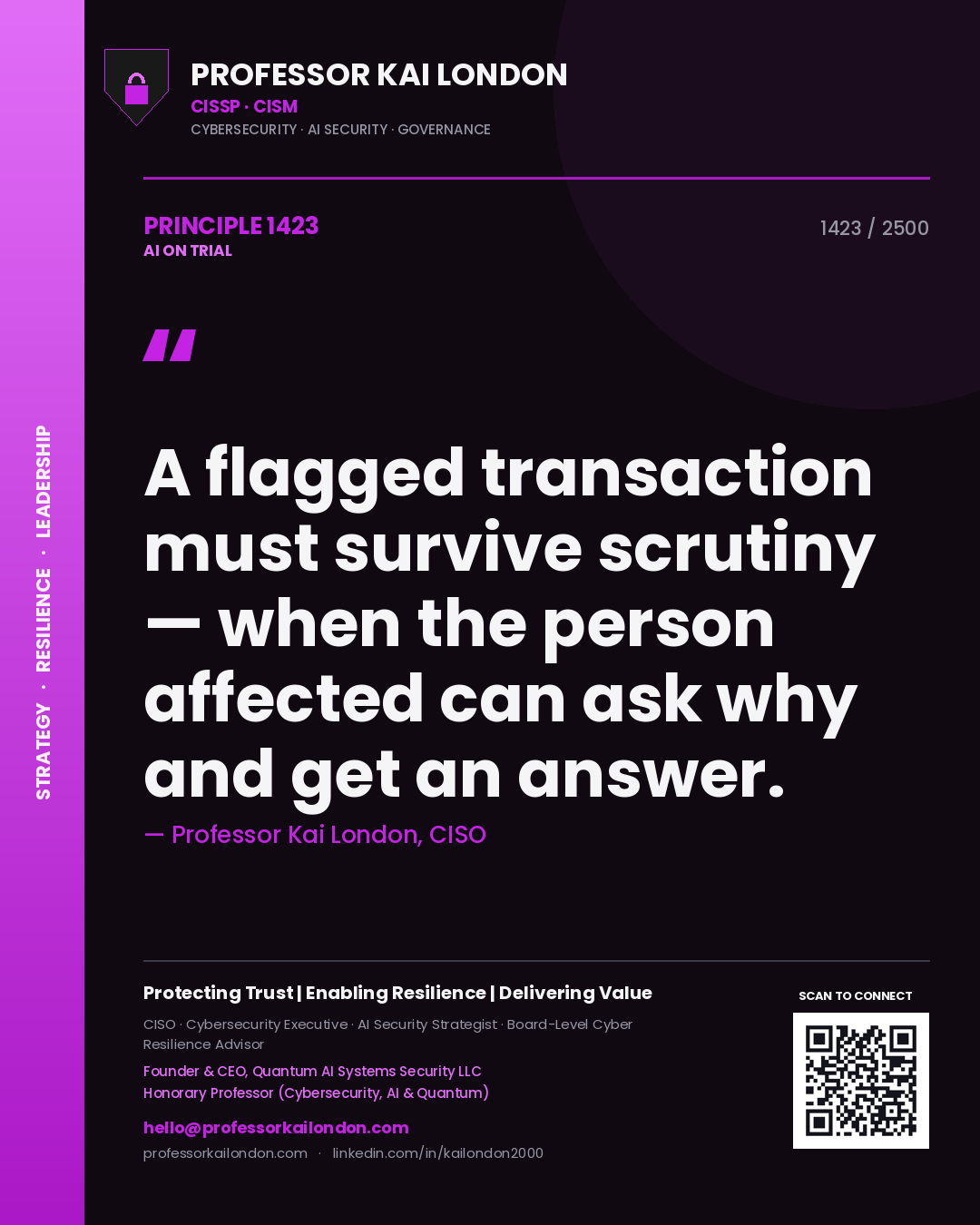 Quote card by Professor Kai London reading 'A flagged transaction must survive scrutiny — when the person affected can ask why and get an answer.'. From the book AI on Trial.