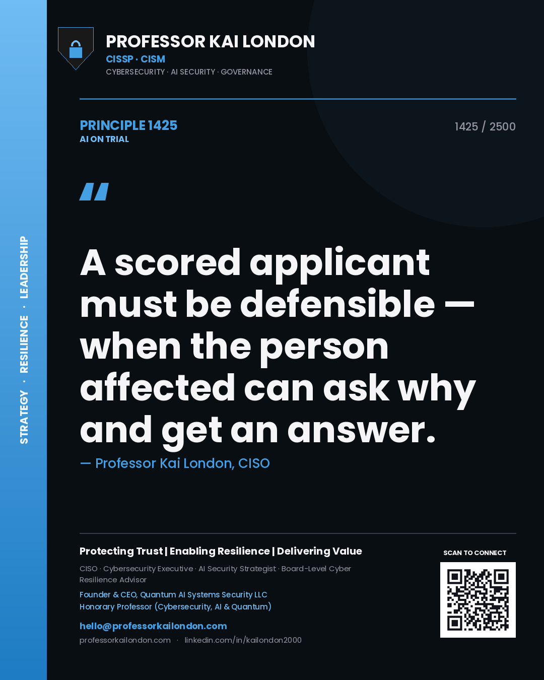 Professor Kai London principle 1425: A scored applicant must be defensible — when the person affected can ask why and get an answer.