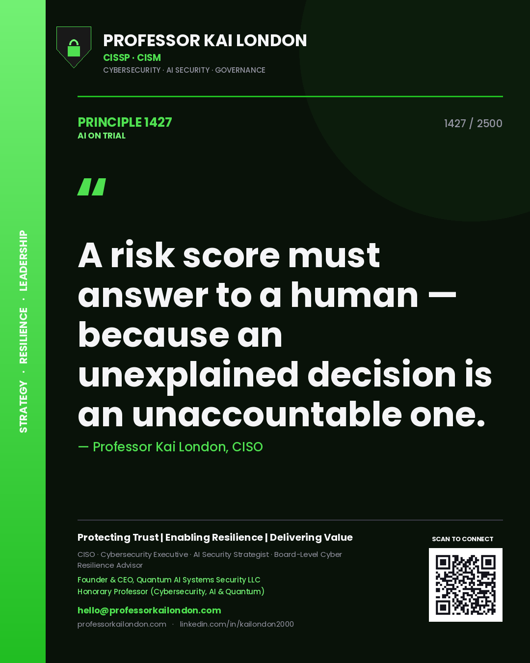 Quote card by Professor Kai London reading 'A risk score must answer to a human — because an unexplained decision is an unaccountable one.'. From the book AI on Trial.
