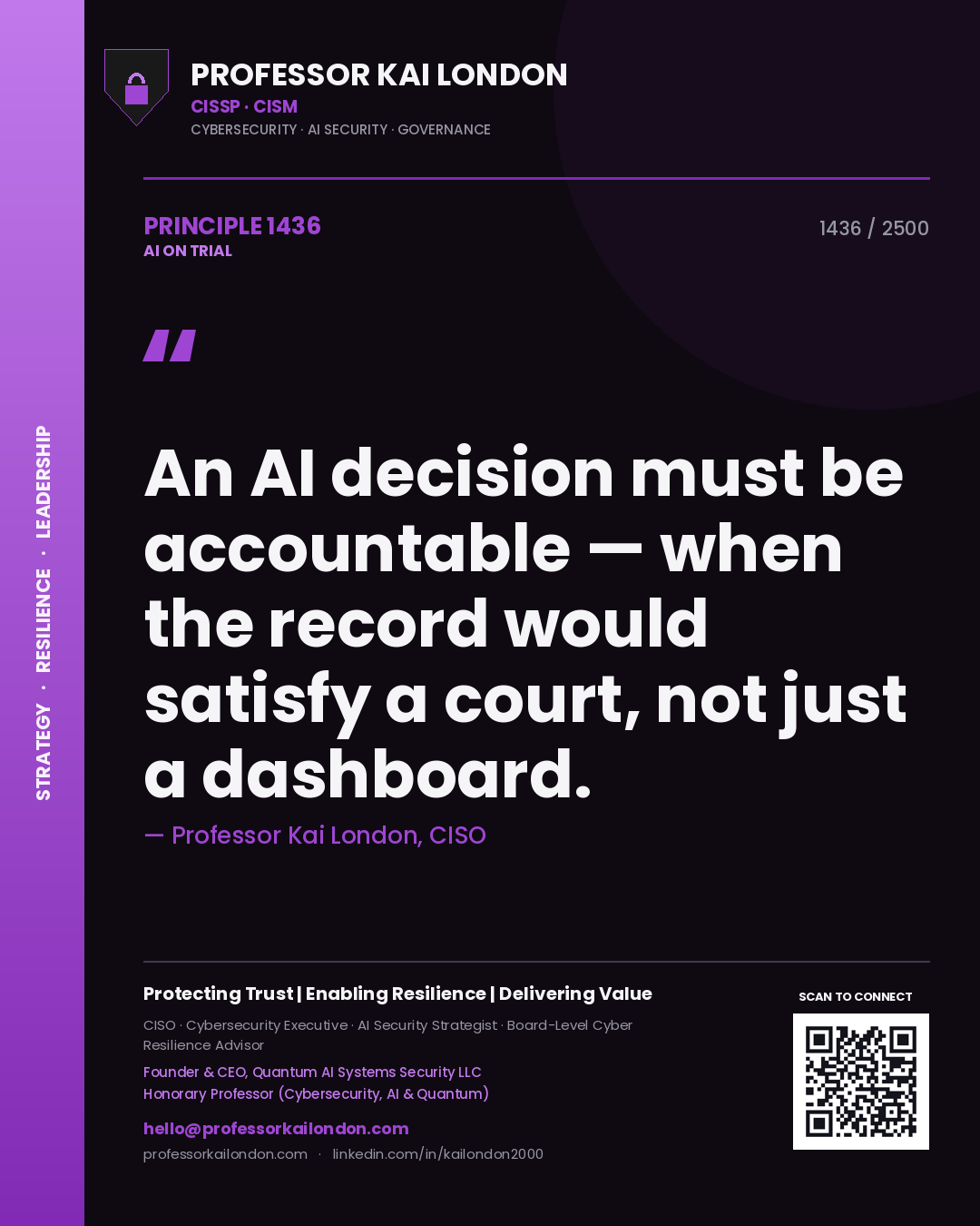 Professor Kai London principle 1436: An AI decision must be accountable — when the record would satisfy a court, not just a dashboard.