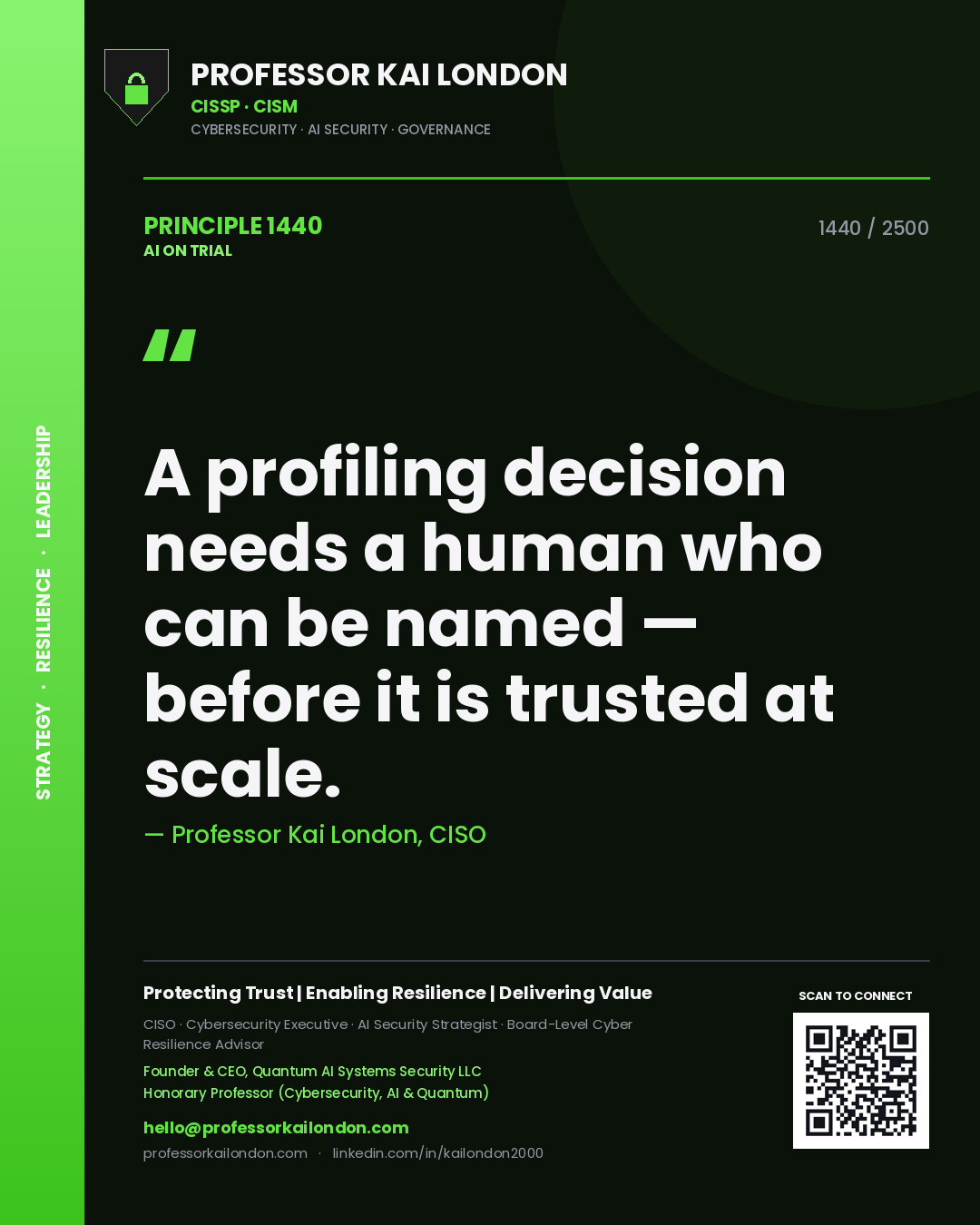 Quote card by Professor Kai London reading 'A profiling decision needs a human who can be named — before it is trusted at scale.'. From the book AI on Trial.