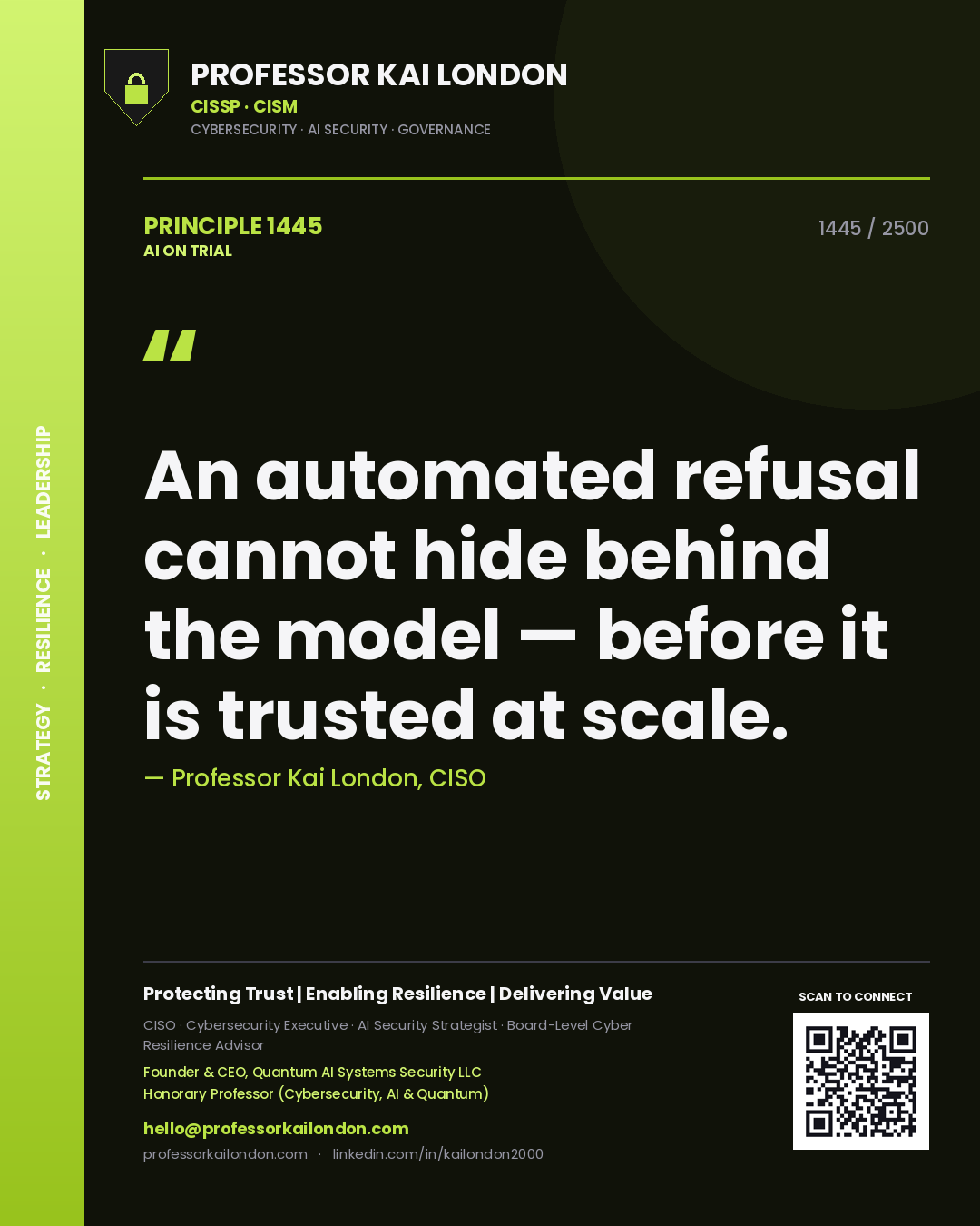 Professor Kai London principle 1445: An automated refusal cannot hide behind the model — before it is trusted at scale.