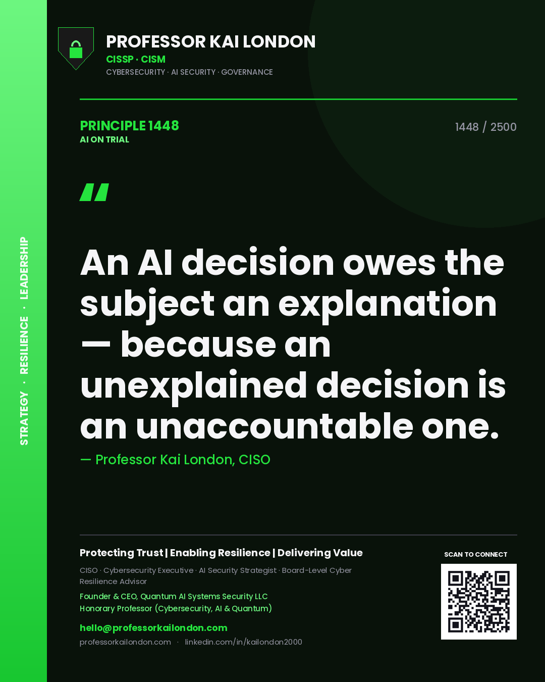 Quote card by Professor Kai London reading 'An AI decision owes the subject an explanation — because an unexplained decision is an unaccountable one.'. From the book AI on Trial.