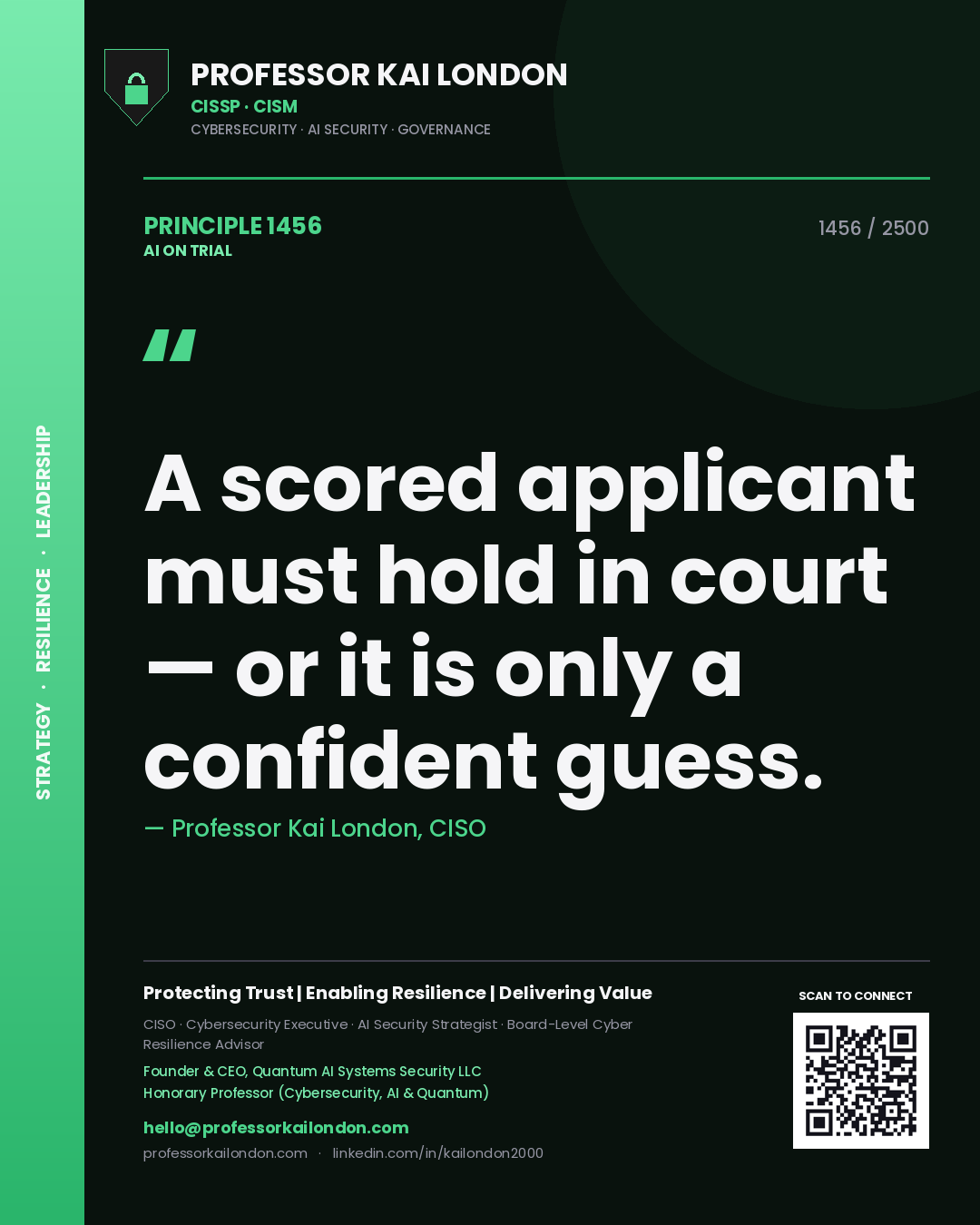 Quote card by Professor Kai London reading 'A scored applicant must hold in court — or it is only a confident guess.'. From the book AI on Trial.