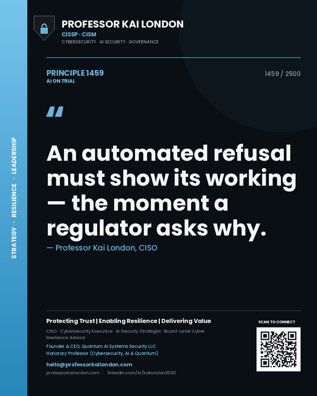 Professor Kai London principle 1459: An automated refusal must show its working — the moment a regulator asks why.