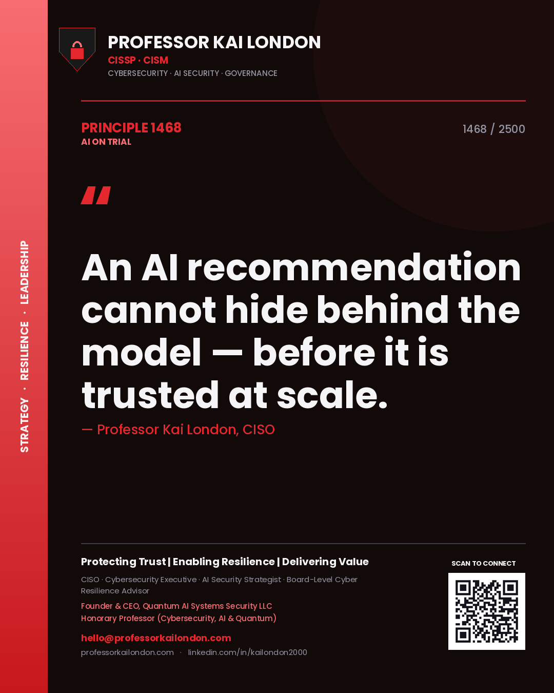 Professor Kai London principle 1468: An AI recommendation cannot hide behind the model — before it is trusted at scale.