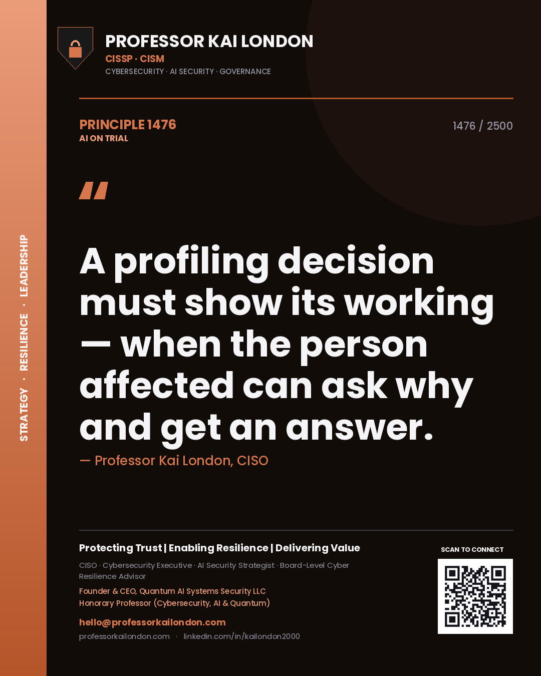 Quote card by Professor Kai London reading 'A profiling decision must show its working — when the person affected can ask why and get an answer.'. From the book AI on Trial.