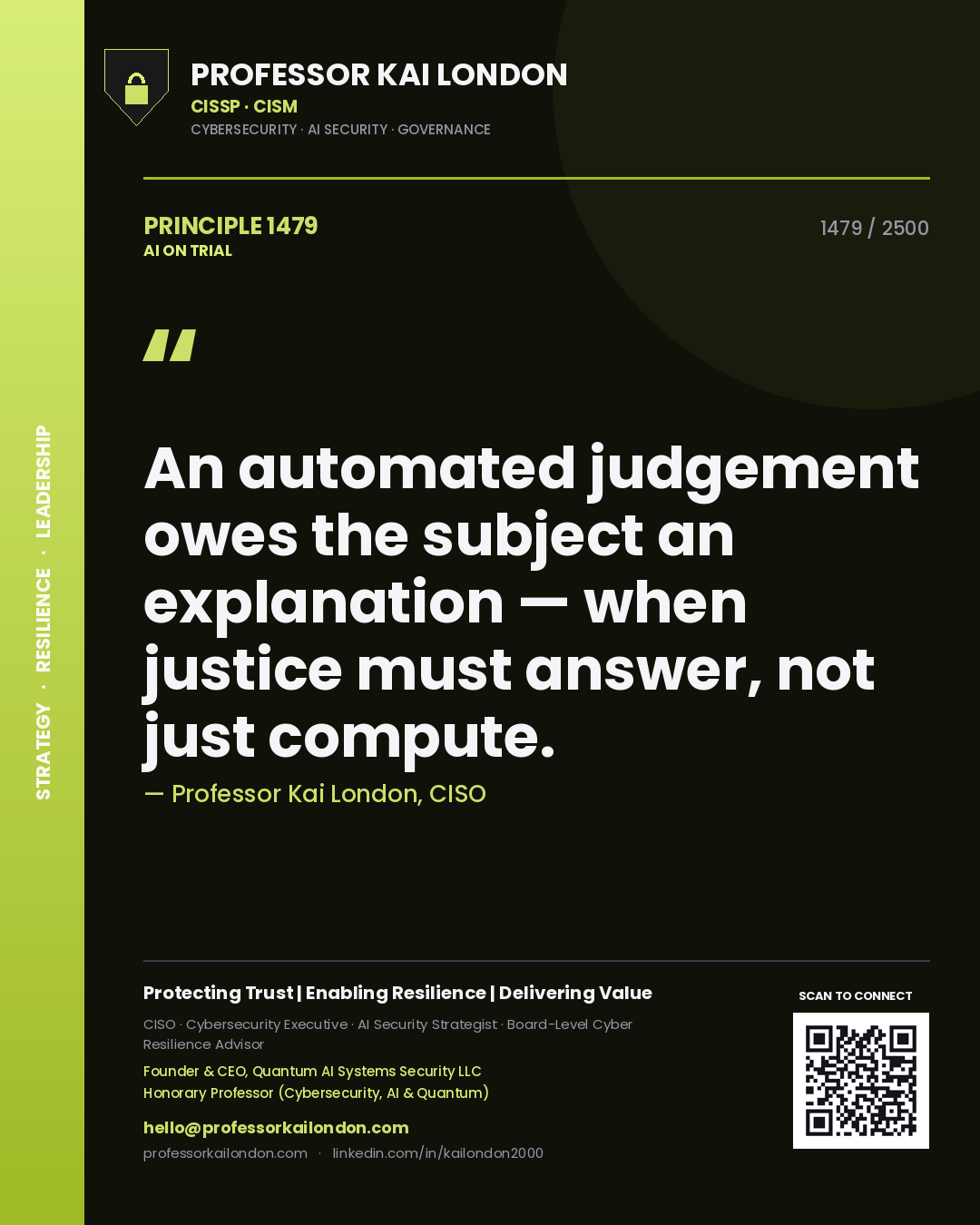 Professor Kai London principle 1479: An automated judgement owes the subject an explanation — when justice must answer, not just compute.