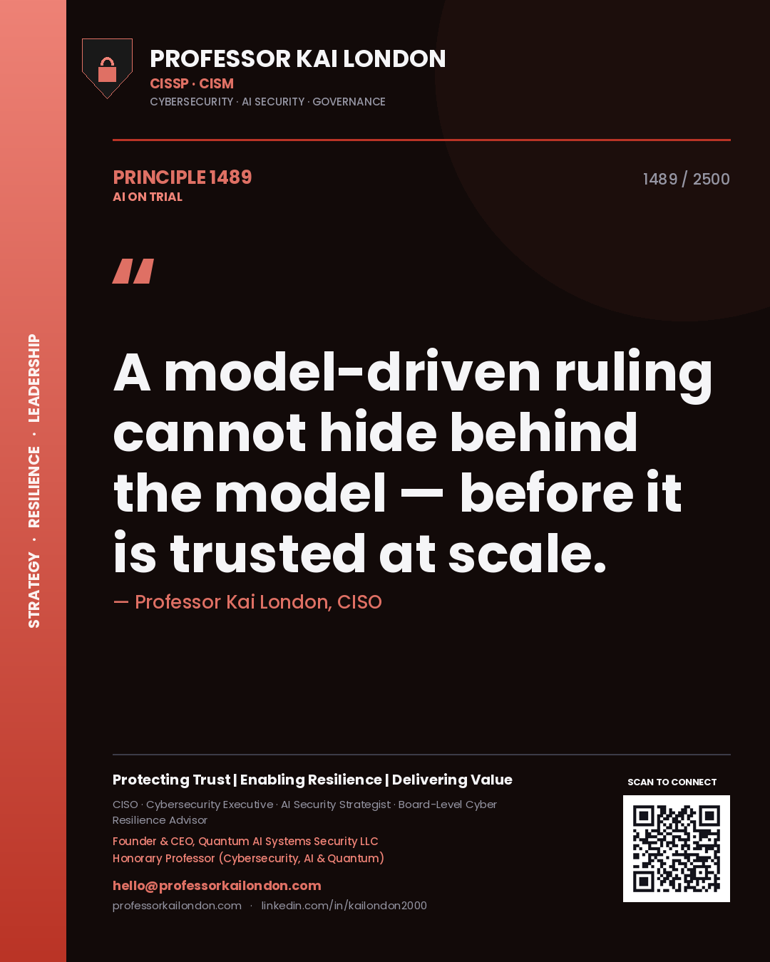 Quote card by Professor Kai London reading 'A model-driven ruling cannot hide behind the model — before it is trusted at scale.'. From the book AI on Trial.
