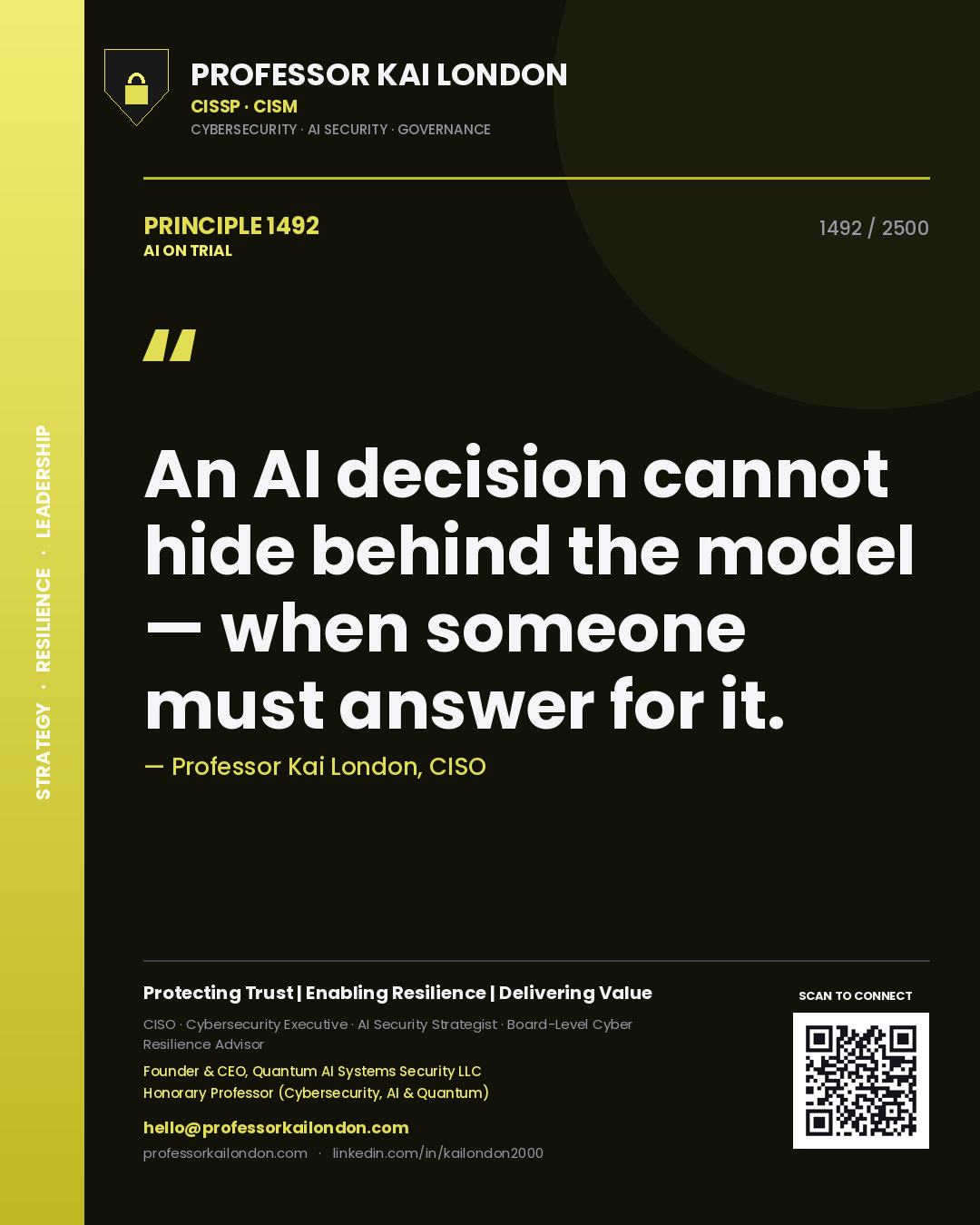 Quote card by Professor Kai London reading 'An AI decision cannot hide behind the model — when someone must answer for it.'. From the book AI on Trial.