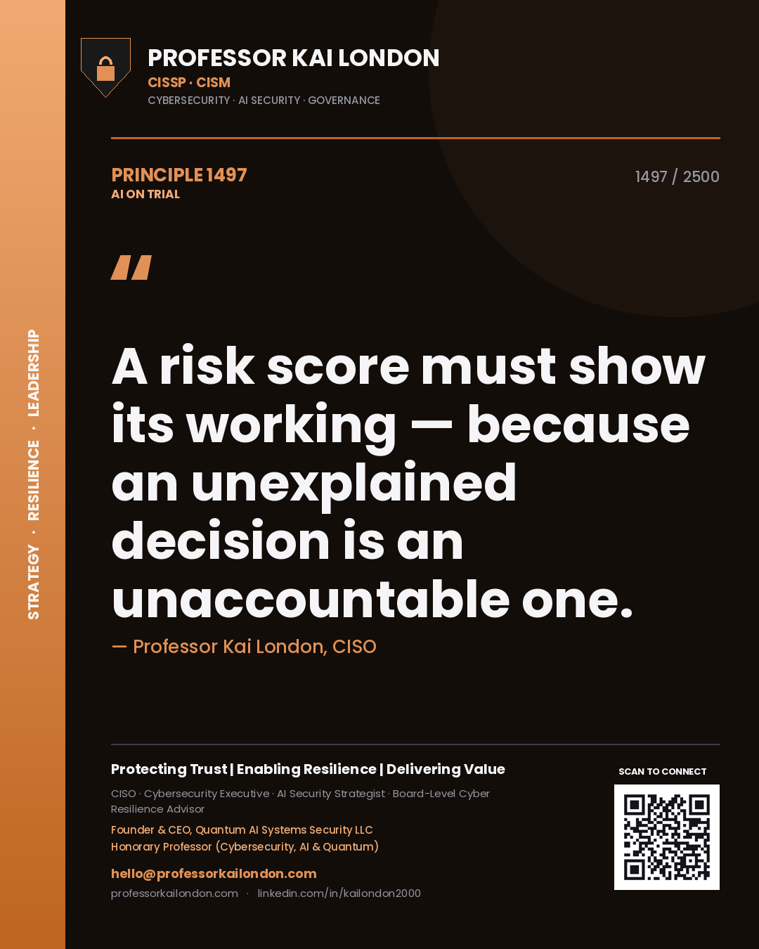 Professor Kai London principle 1497: A risk score must show its working — because an unexplained decision is an unaccountable one.