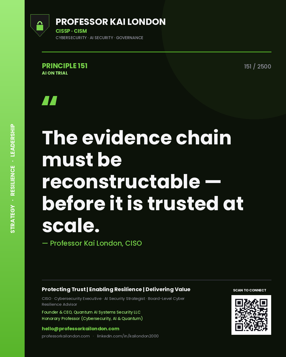 Professor Kai London principle 151: The evidence chain must be reconstructable — before it is trusted at scale.