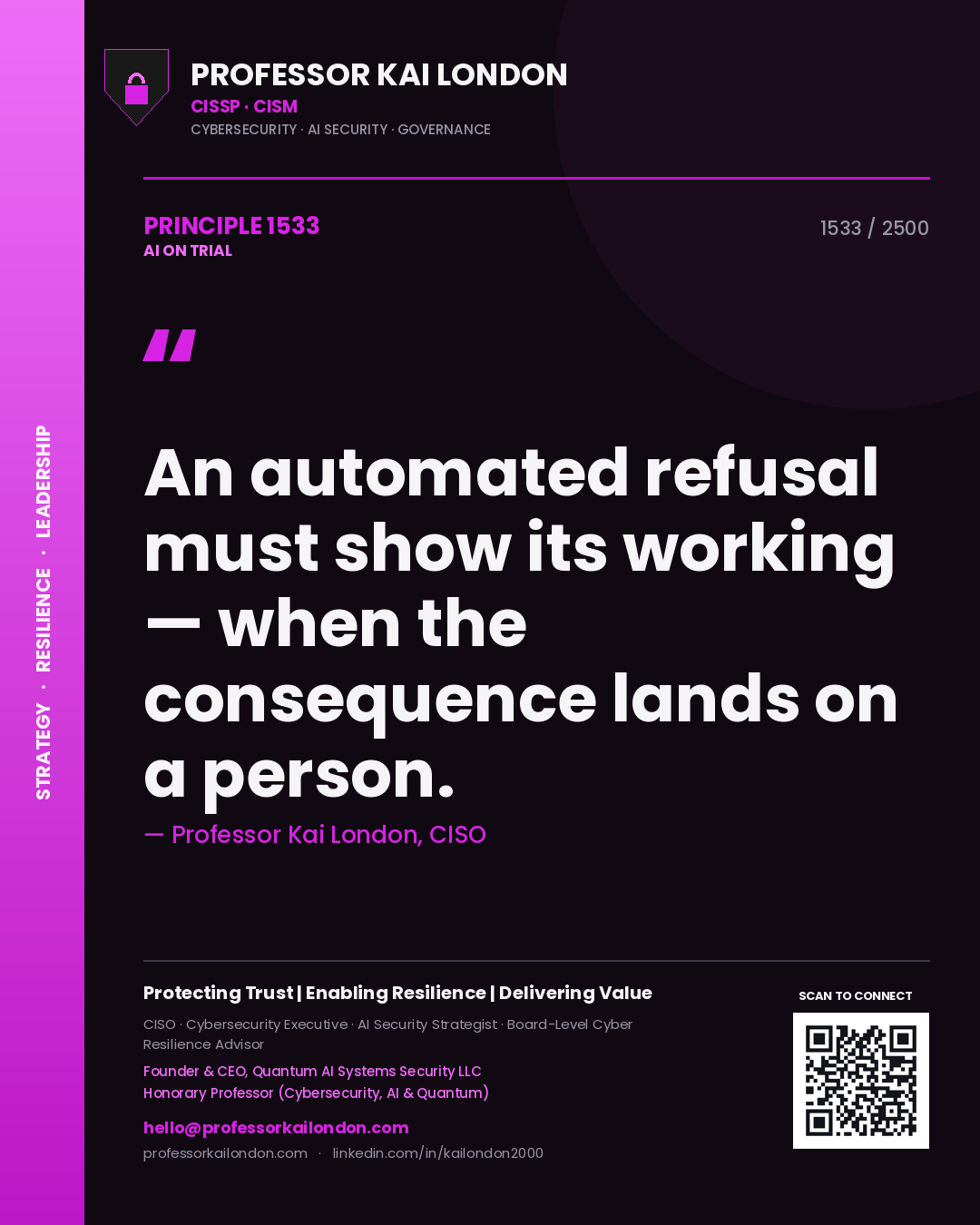 Professor Kai London principle 1533: An automated refusal must show its working — when the consequence lands on a person.