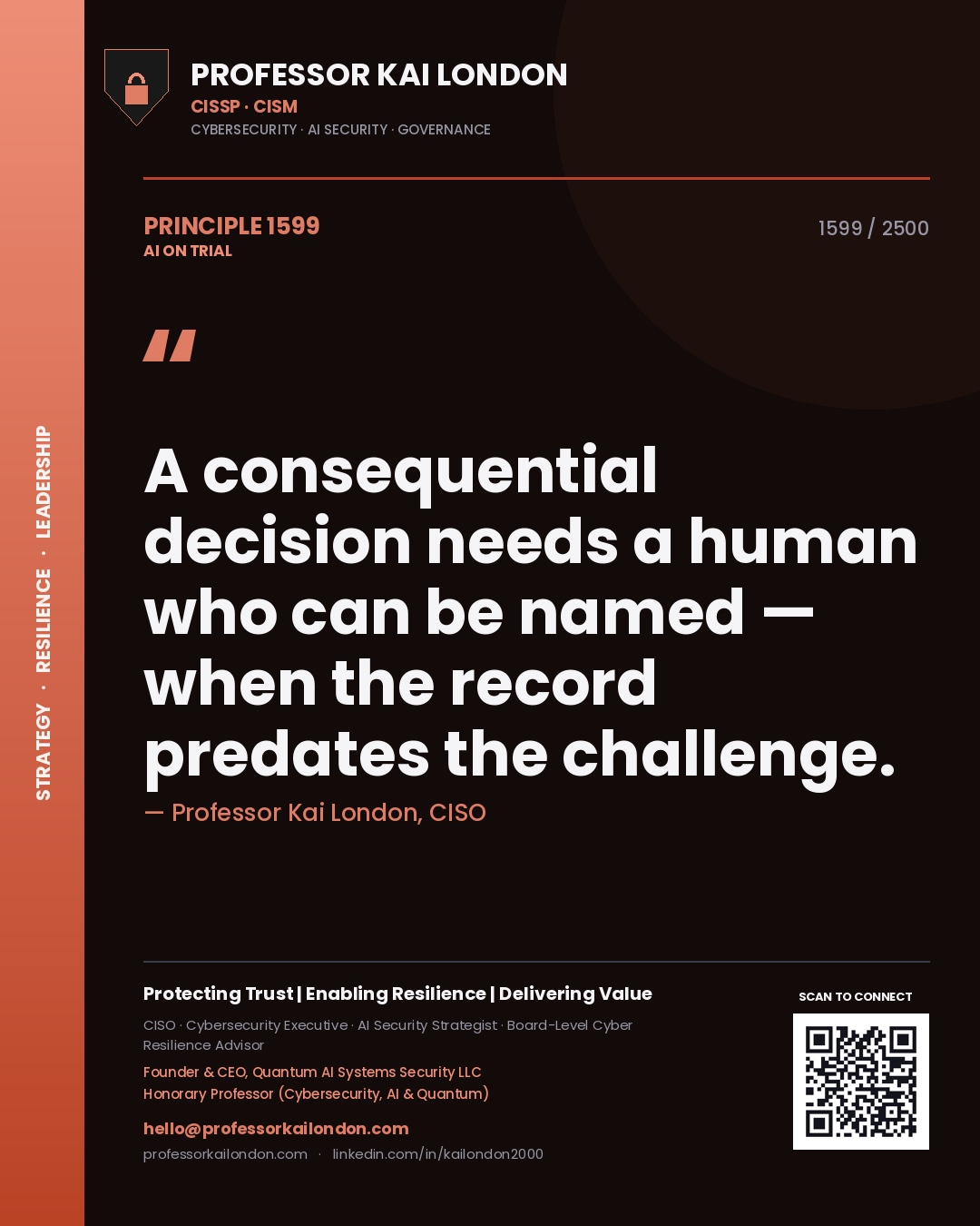 Professor Kai London principle 1599: A consequential decision needs a human who can be named — when the record predates the challenge.