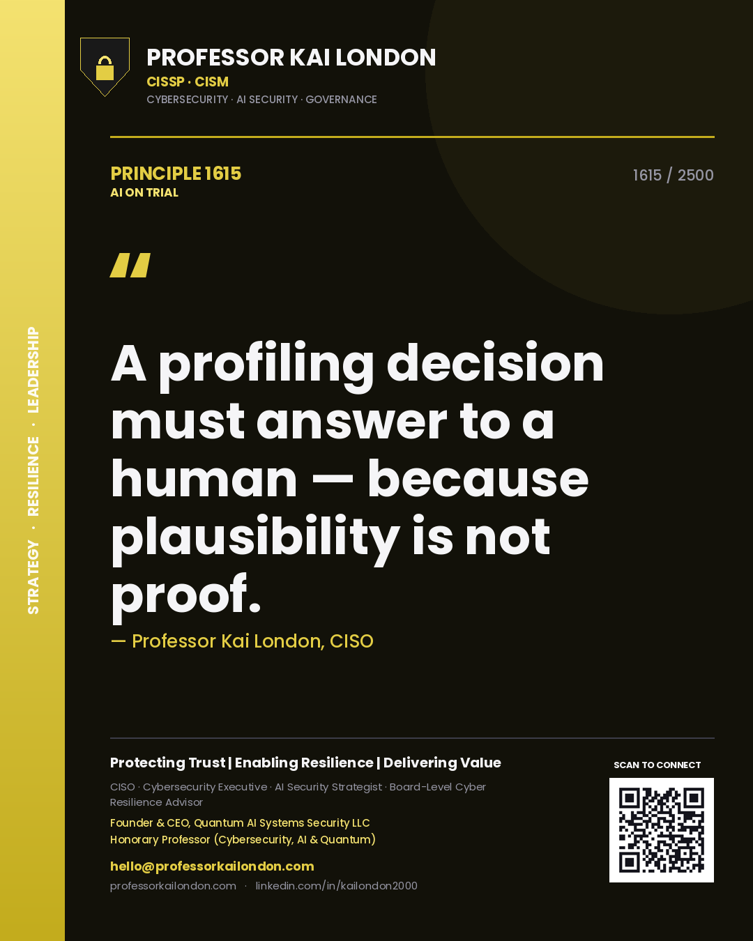 Quote card by Professor Kai London reading 'A profiling decision must answer to a human — because plausibility is not proof.'. From the book AI on Trial.
