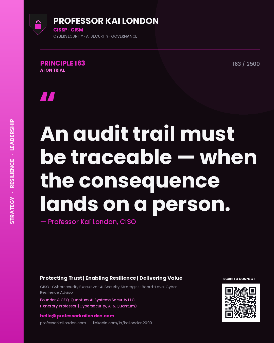 Professor Kai London principle 163: An audit trail must be traceable — when the consequence lands on a person.