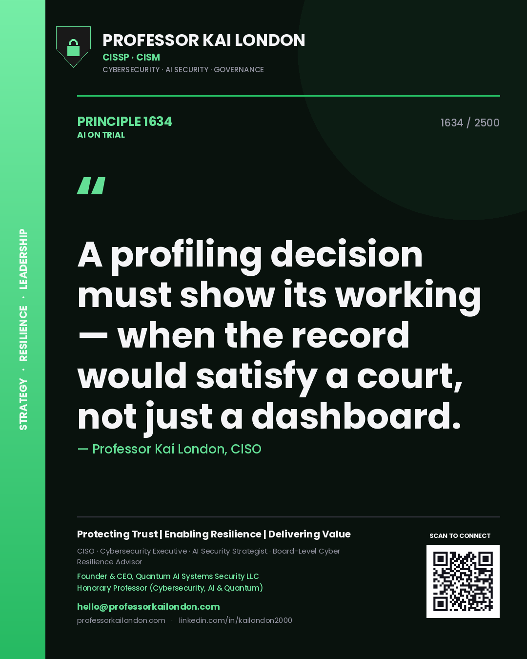 Professor Kai London principle 1634: A profiling decision must show its working — when the record would satisfy a court, not just a dashboard.