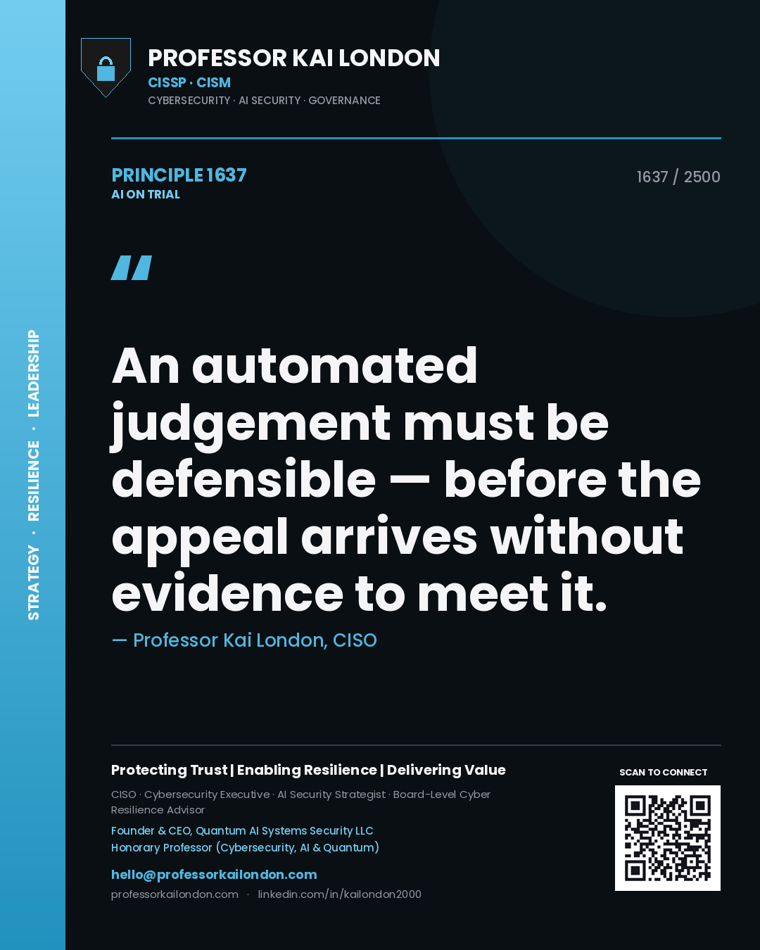 Professor Kai London principle 1637: An automated judgement must be defensible — before the appeal arrives without evidence to meet it.