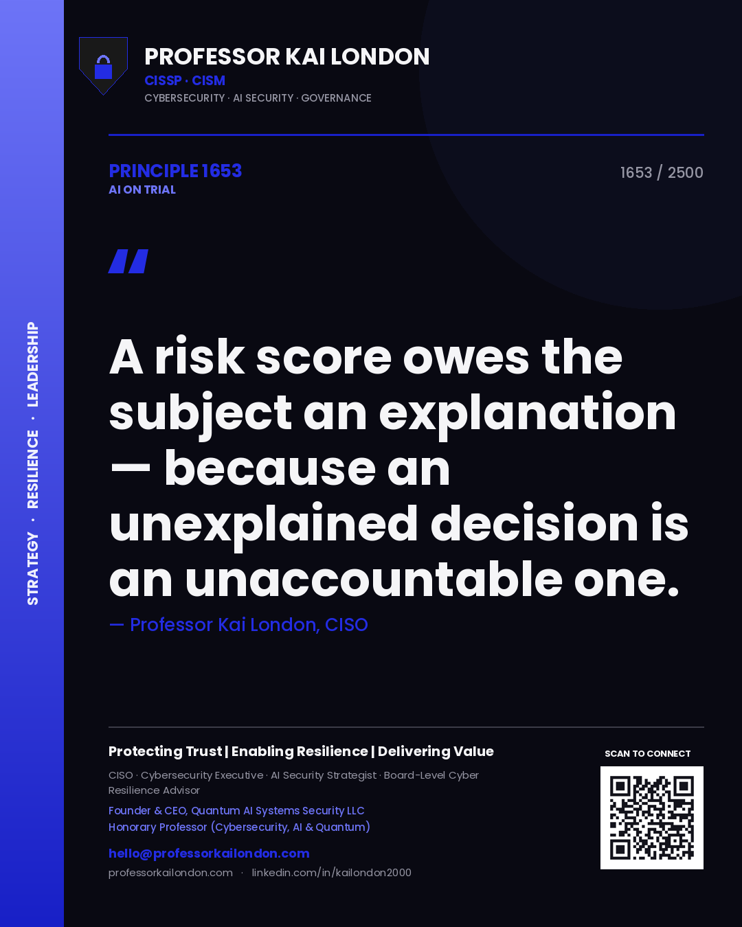 Professor Kai London principle 1653: A risk score owes the subject an explanation — because an unexplained decision is an unaccountable one.