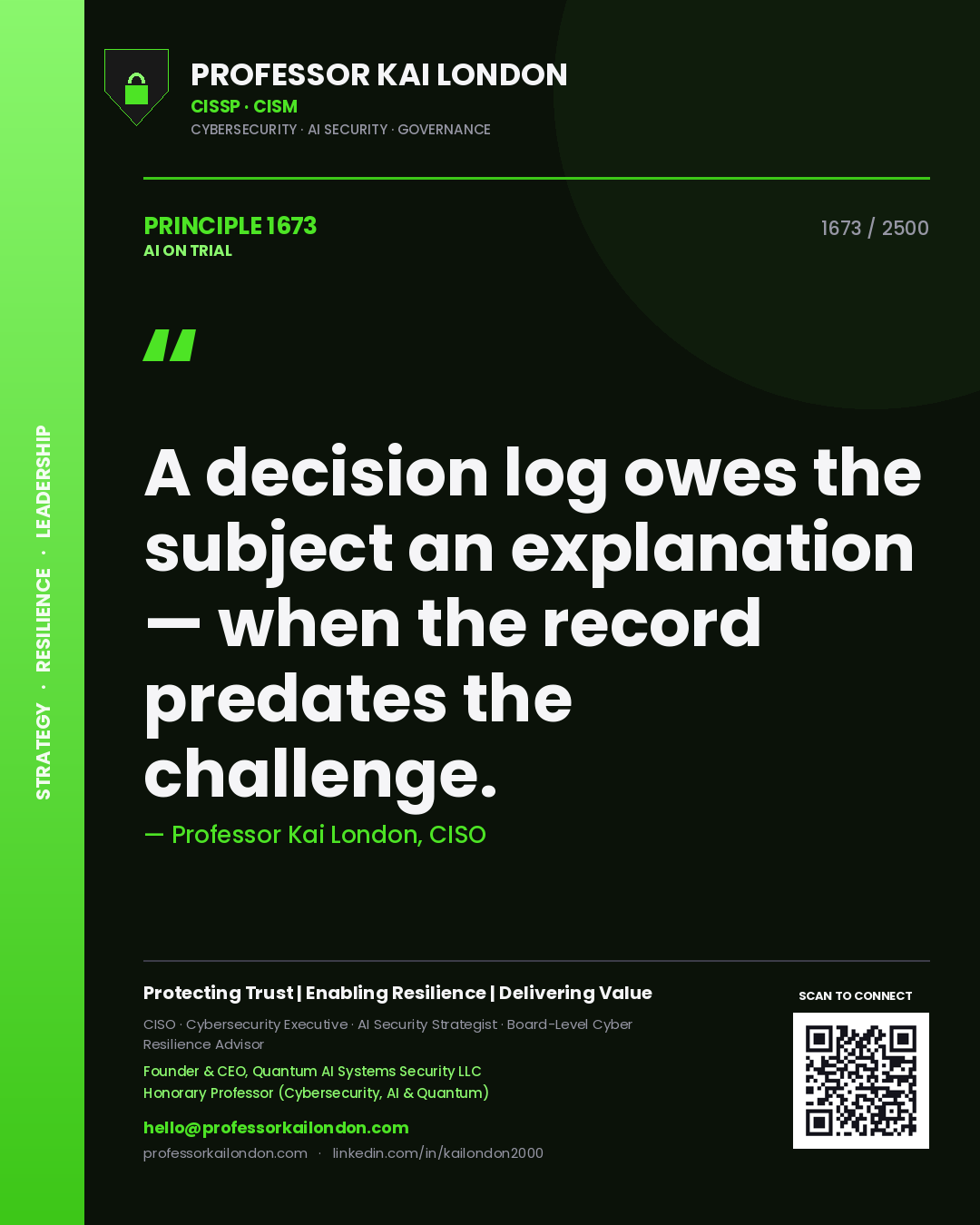 Professor Kai London principle 1673: A decision log owes the subject an explanation — when the record predates the challenge.