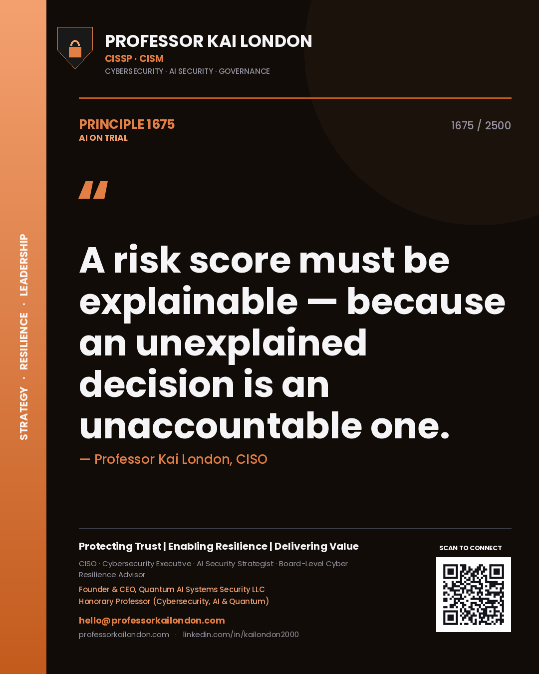 Quote card by Professor Kai London reading 'A risk score must be explainable — because an unexplained decision is an unaccountable one.'. From the book AI on Trial.