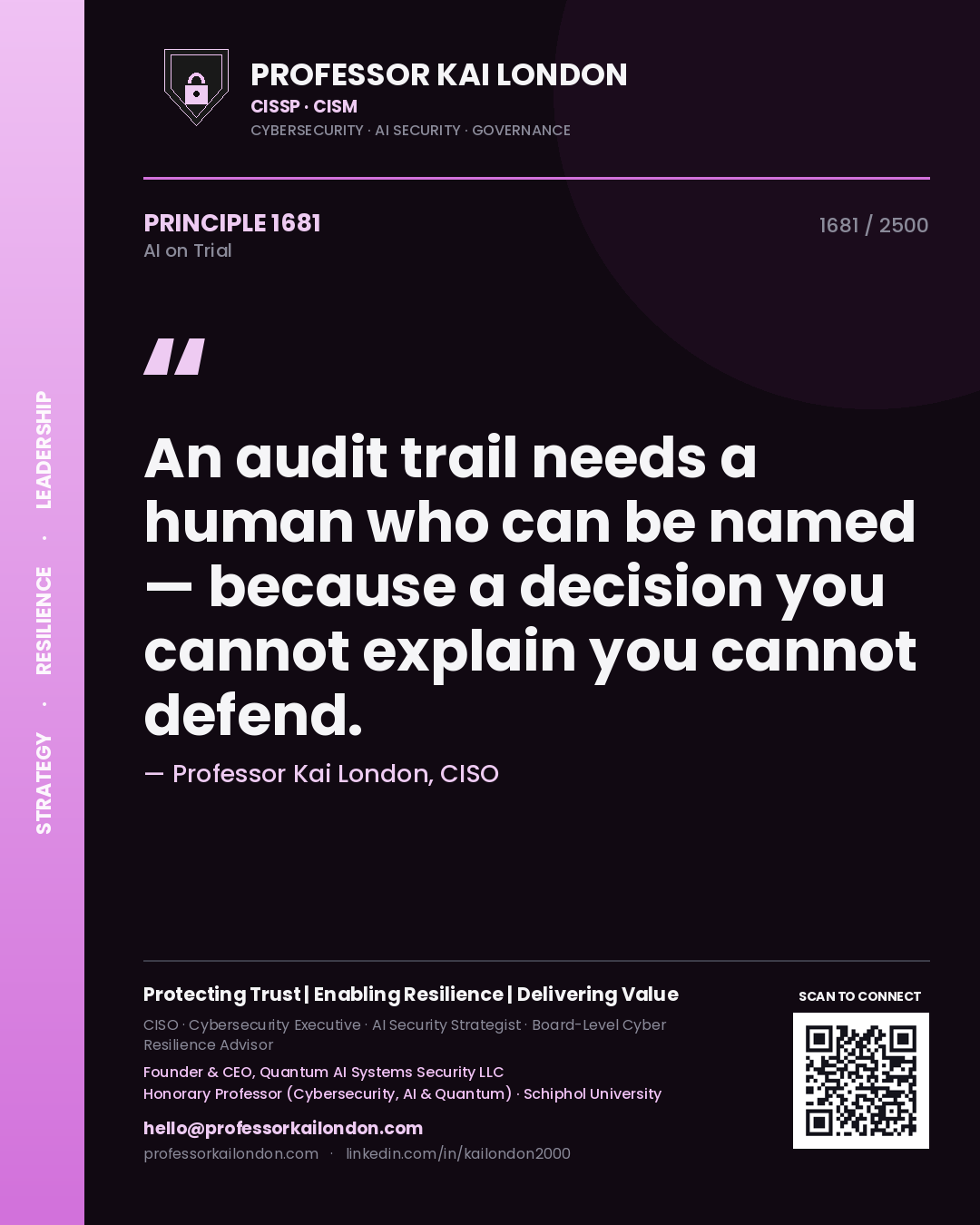 Professor Kai London principle 1681: An audit trail needs a human who can be named — because a decision you cannot explain you cannot defend.