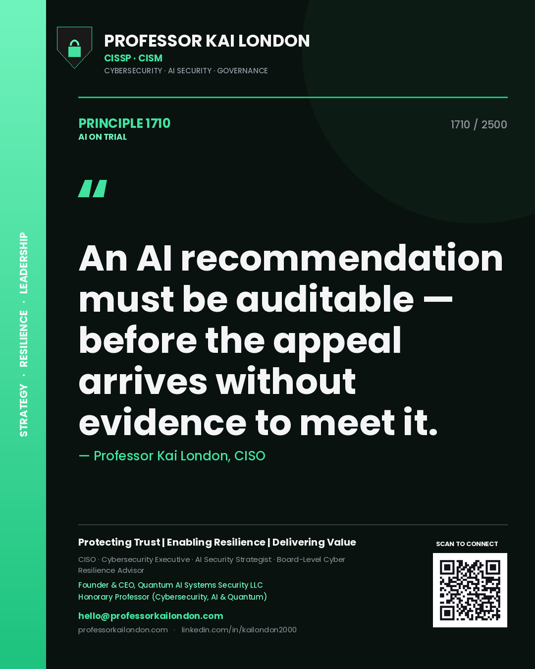 Quote card by Professor Kai London reading 'An AI recommendation must be auditable — before the appeal arrives without evidence to meet it.'. From the book AI on Trial.