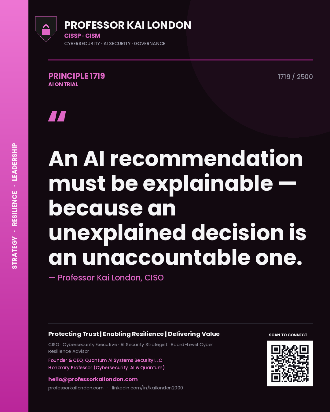 Quote card by Professor Kai London reading 'An AI recommendation must be explainable — because an unexplained decision is an unaccountable one.'. From the book AI on Trial.