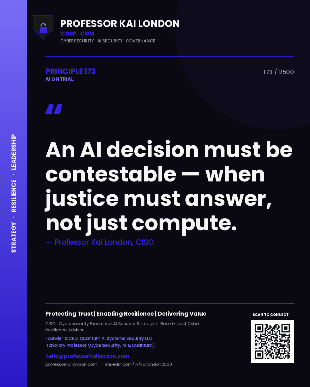 Quote card by Professor Kai London reading 'An AI decision must be contestable — when justice must answer, not just compute.'. From the book AI on Trial.