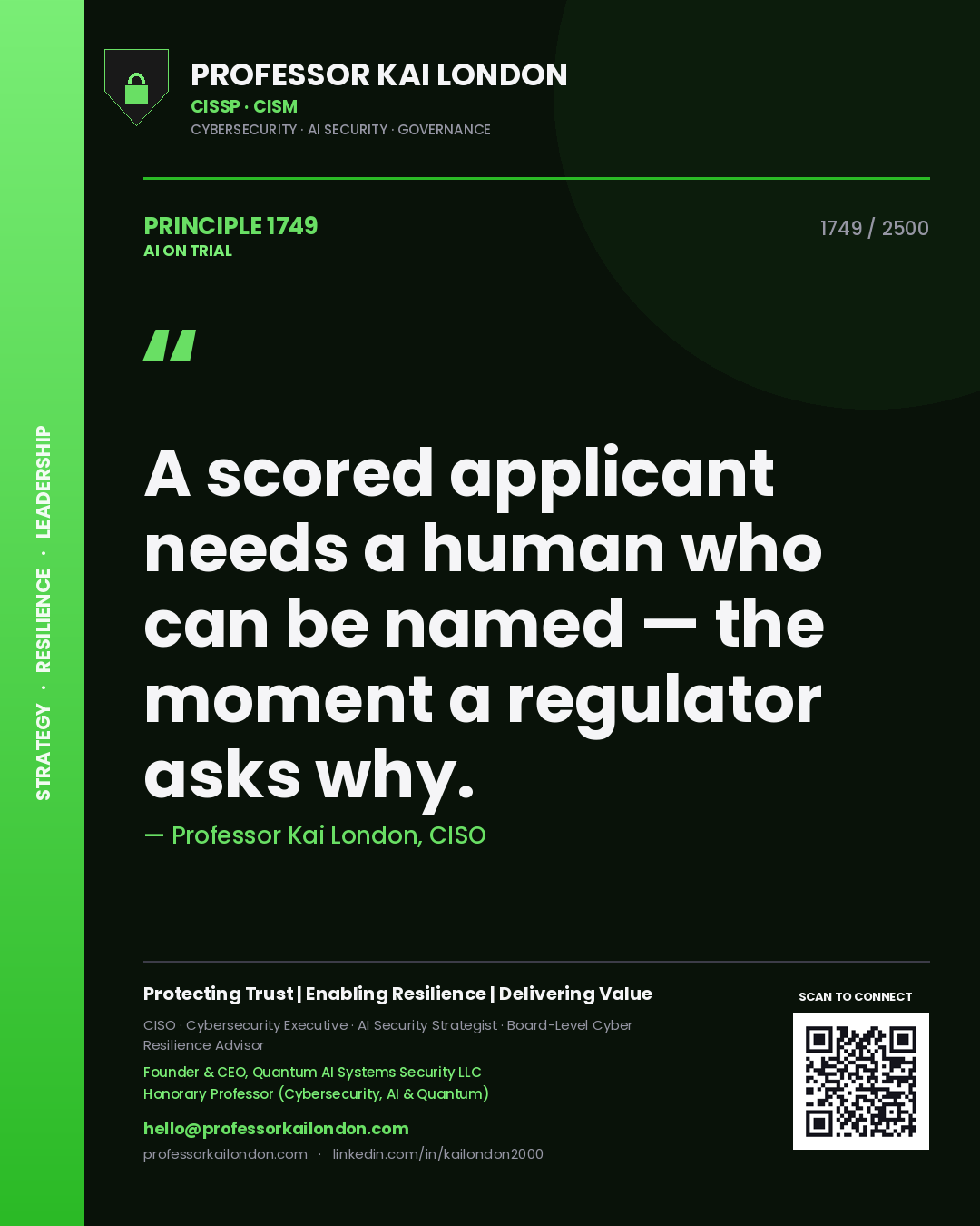 Professor Kai London principle 1749: A scored applicant needs a human who can be named — the moment a regulator asks why.