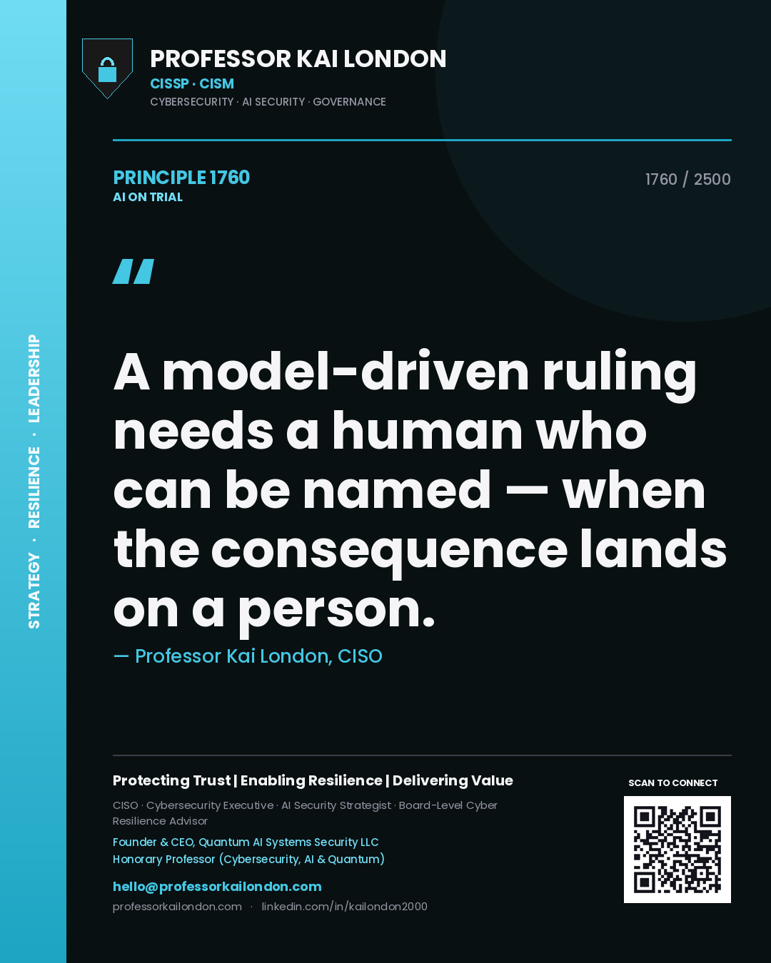 Quote card by Professor Kai London reading 'A model-driven ruling needs a human who can be named — when the consequence lands on a person.'. From the book AI on Trial.