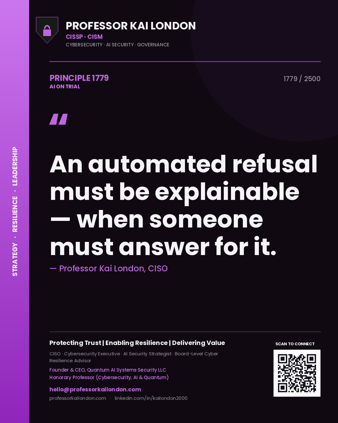 Professor Kai London principle 1779: An automated refusal must be explainable — when someone must answer for it.