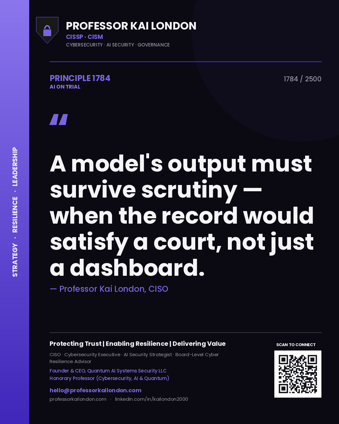 Professor Kai London principle 1784: A model's output must survive scrutiny — when the record would satisfy a court, not just a dashboard.