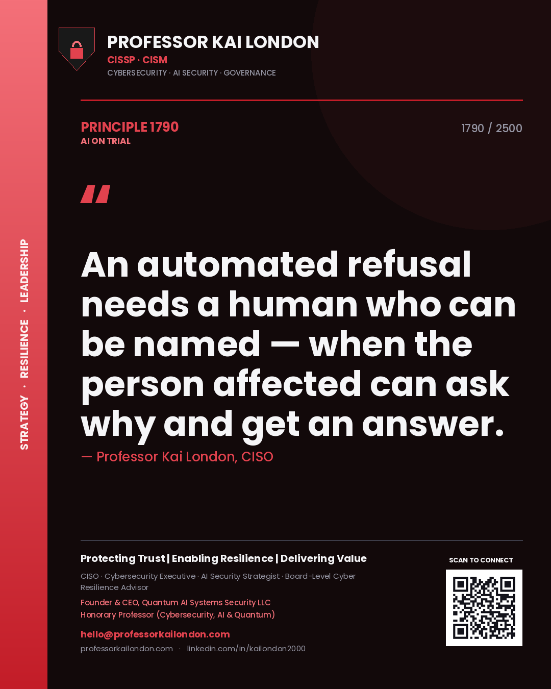 Quote card by Professor Kai London reading 'An automated refusal needs a human who can be named — when the person affected can ask why and get an answer.'. From the book AI on Trial.