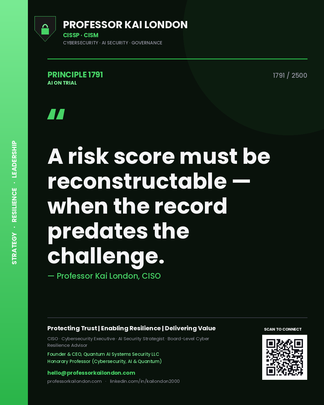 Professor Kai London principle 1791: A risk score must be reconstructable — when the record predates the challenge.